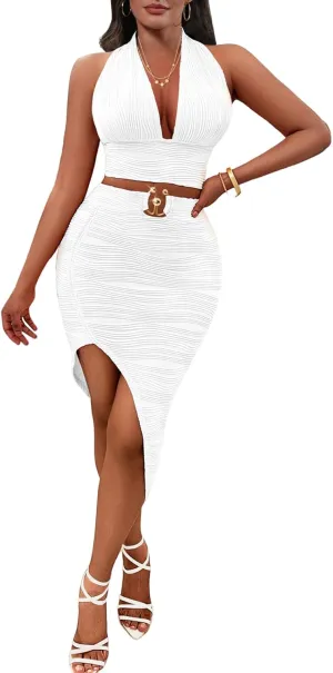 Women 2 Piece Outfits Dress Sexy Halter V Neck Crop Top and Bodycon Irregular Skirt Set Club Night Out Dresses