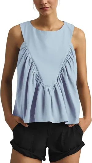 Women Babydoll Peplum Tank Tops Sleeveless Smocked Shirt Top Ruffle Hem Loose Fit Ruched Top Summer Shirred Tops