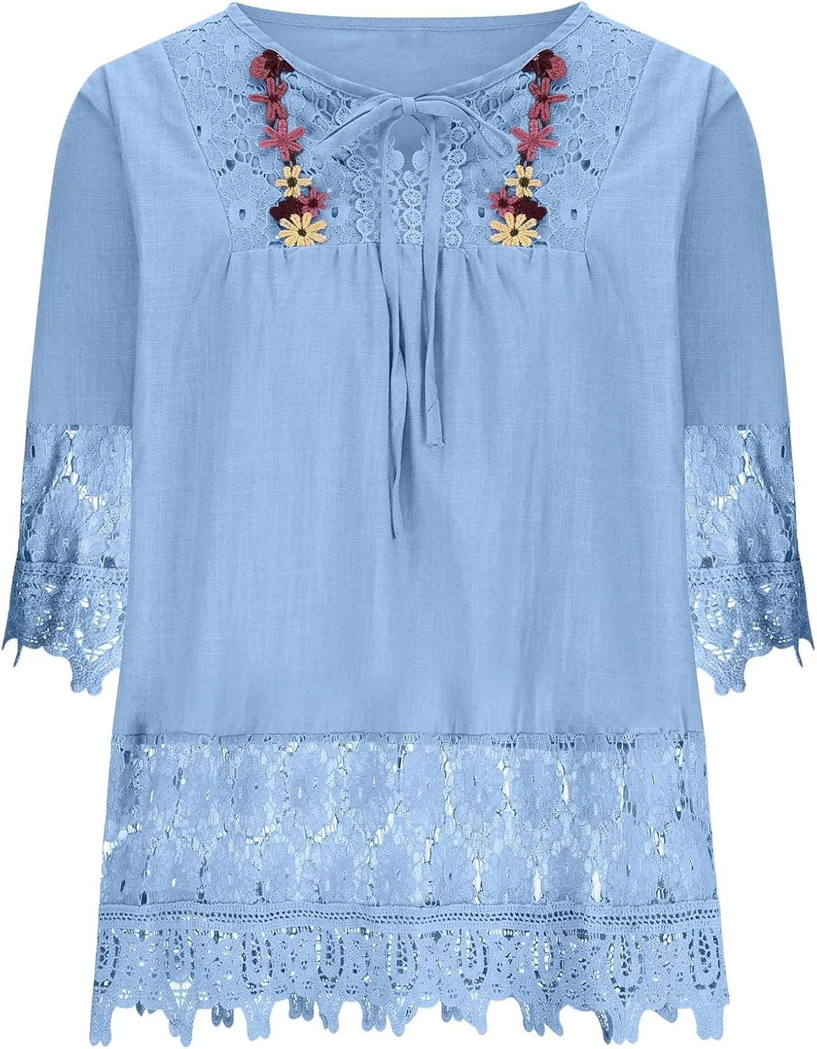 Women Cotton Linen Embroidered Tops Loose Fit Tunic 3/4 Sleeve Summer Blouse Shirts Boho Peasant Trendy Clothes 2024