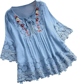 Women Cotton Linen Embroidered Tops Loose Fit Tunic 3/4 Sleeve Summer Blouse Shirts Boho Peasant Trendy Clothes 2024