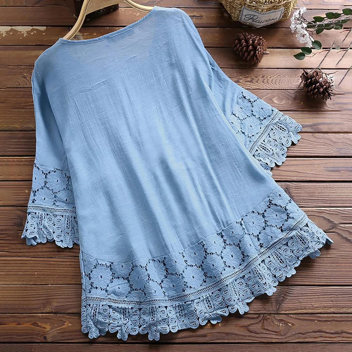 Women Cotton Linen Embroidered Tops Loose Fit Tunic 3/4 Sleeve Summer Blouse Shirts Boho Peasant Trendy Clothes 2024