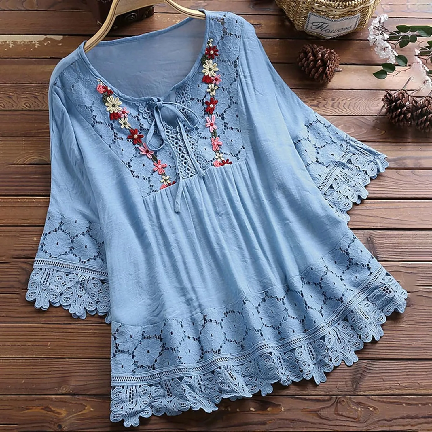 Women Cotton Linen Embroidered Tops Loose Fit Tunic 3/4 Sleeve Summer Blouse Shirts Boho Peasant Trendy Clothes 2024