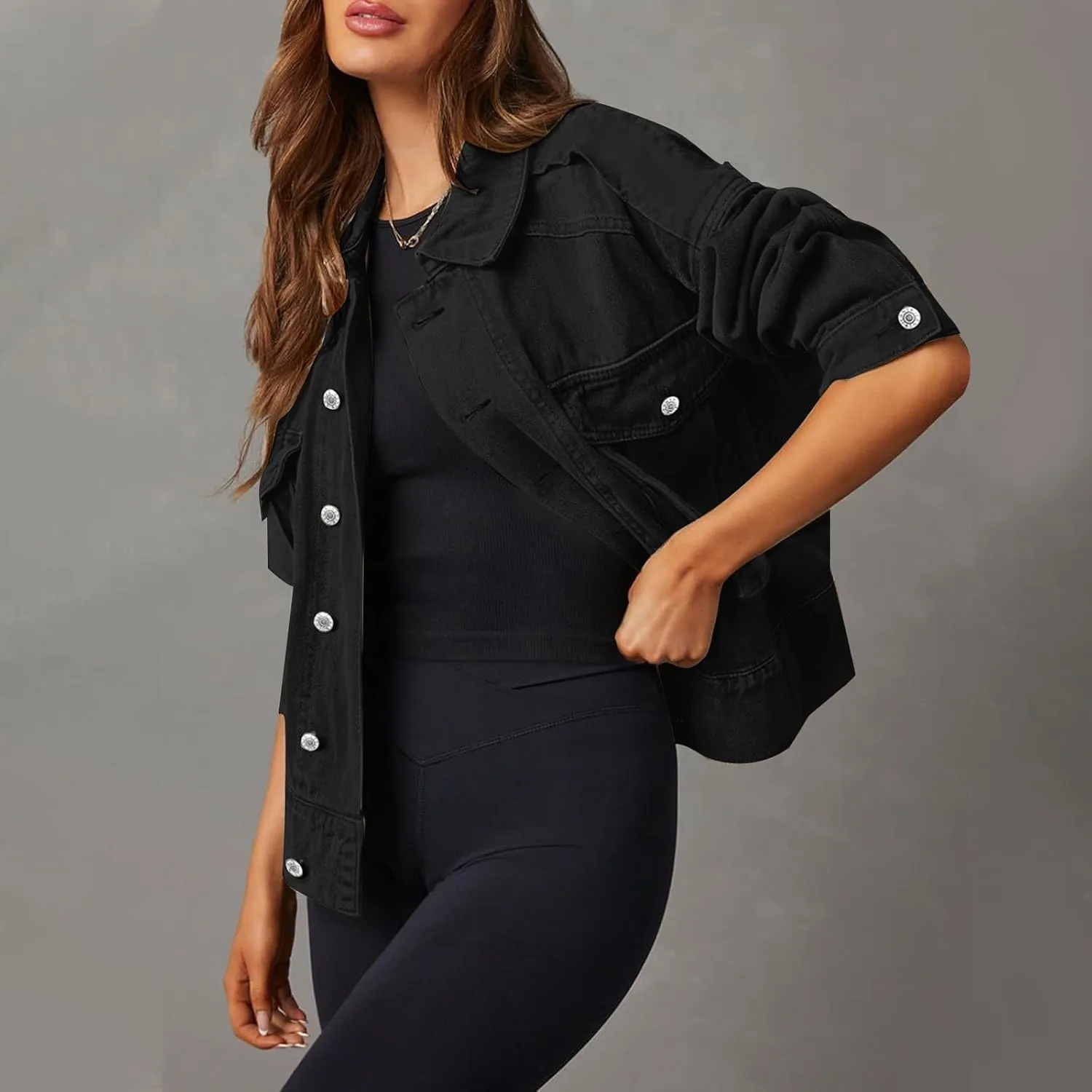 Women Cropped Denim Jackets Military Safari Button Up Lightweight Oversized Utility Anorak Cargo Jackets with Pockets