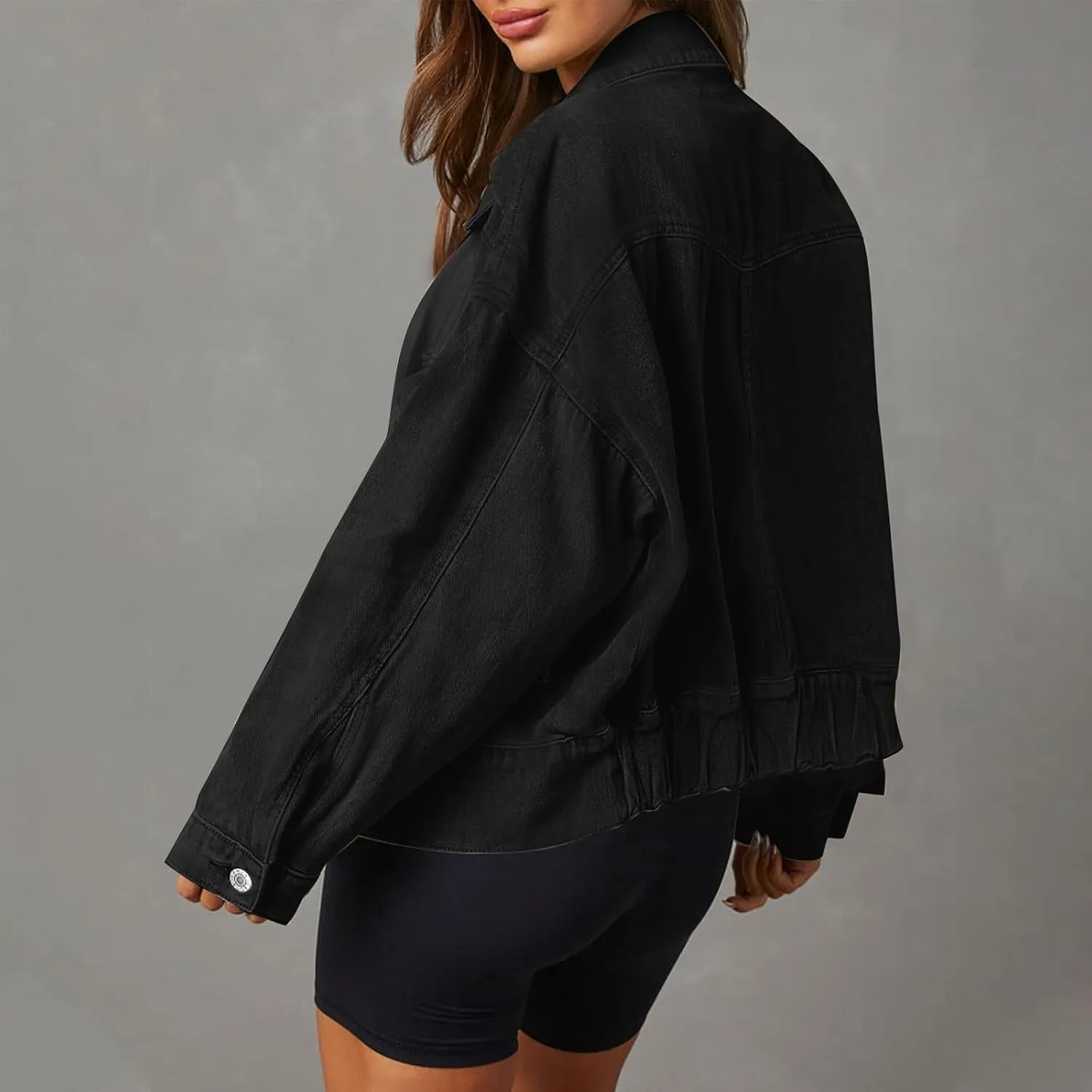 Women Cropped Denim Jackets Military Safari Button Up Lightweight Oversized Utility Anorak Cargo Jackets with Pockets