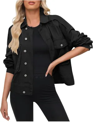 Women Cropped Denim Jackets Military Safari Button Up Lightweight Oversized Utility Anorak Cargo Jackets with Pockets