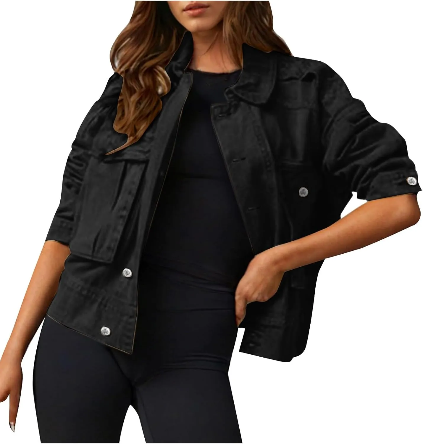 Women Cropped Denim Jackets Military Safari Button Up Lightweight Oversized Utility Anorak Cargo Jackets with Pockets
