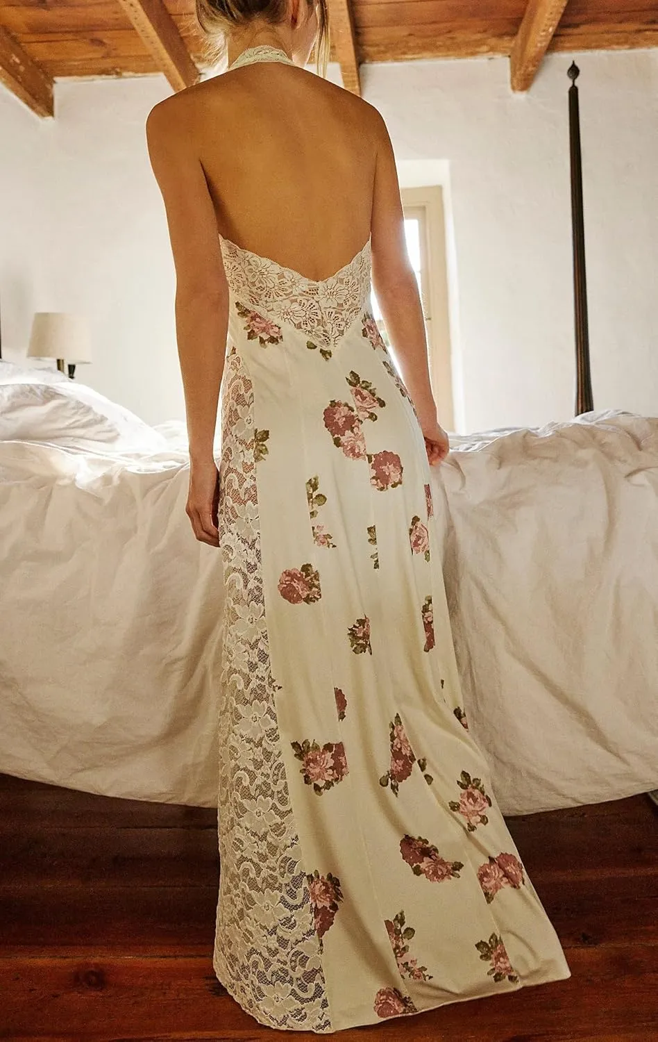 Women Floral Halter Maxi Dress Lace Patchwork Side Slit Bodycon Long Dress Backless Cocktail Beach Vacation Dresses