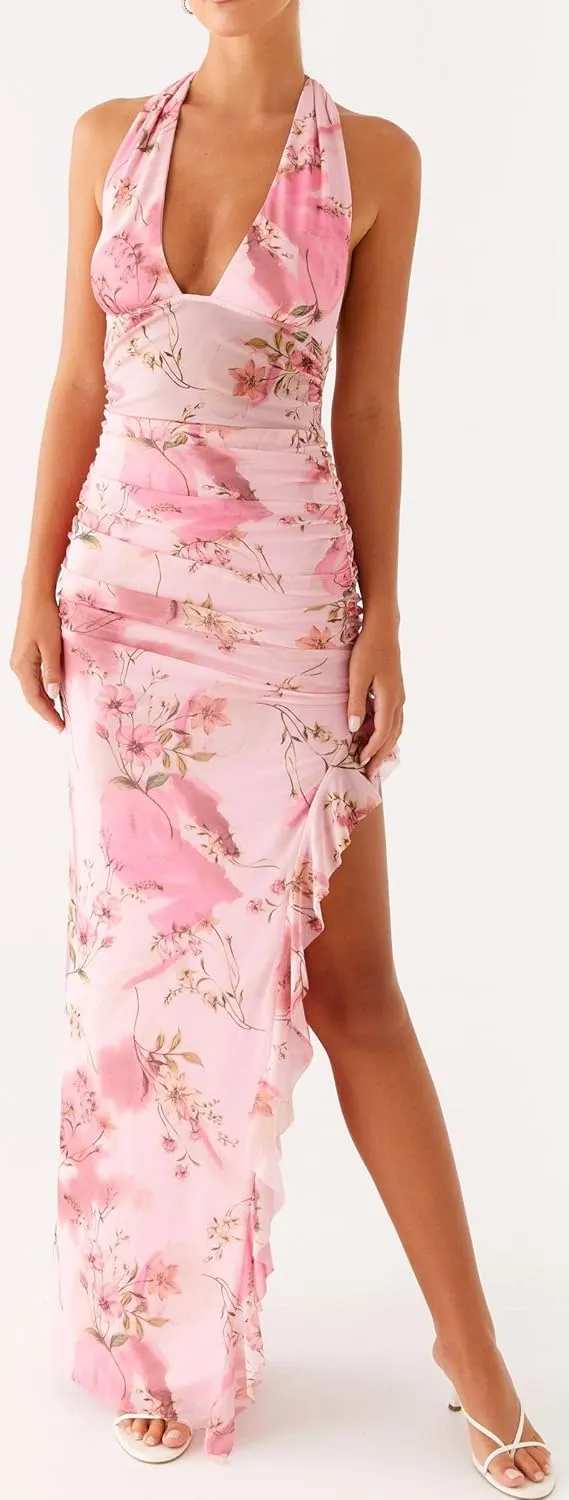 Women Floral Halter Maxi Dress Lace Patchwork Side Slit Bodycon Long Dress Backless Cocktail Beach Vacation Dresses