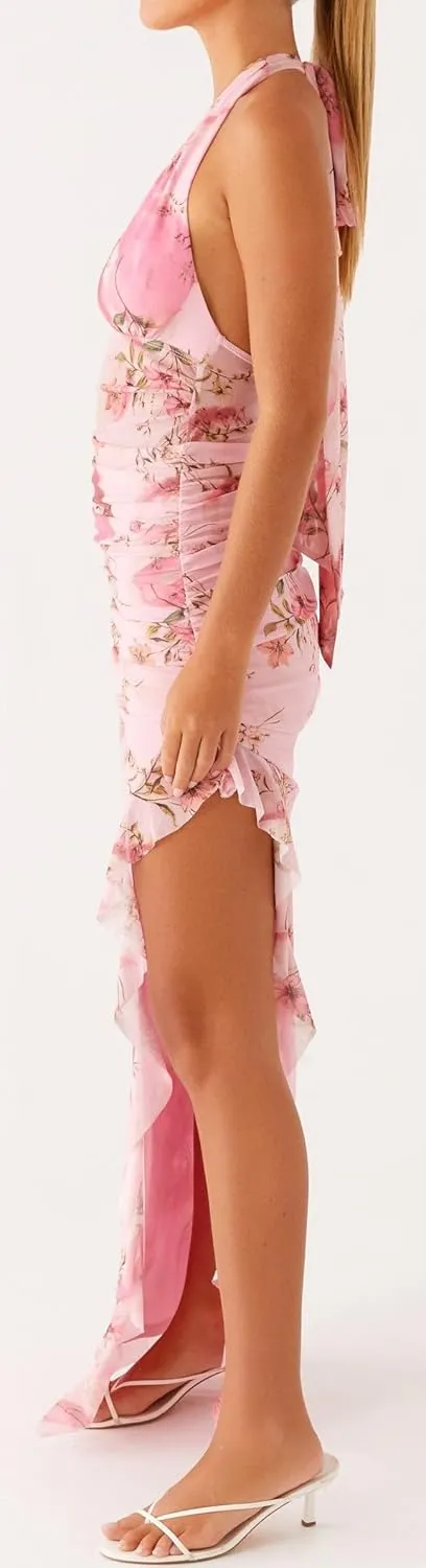 Women Floral Halter Maxi Dress Lace Patchwork Side Slit Bodycon Long Dress Backless Cocktail Beach Vacation Dresses