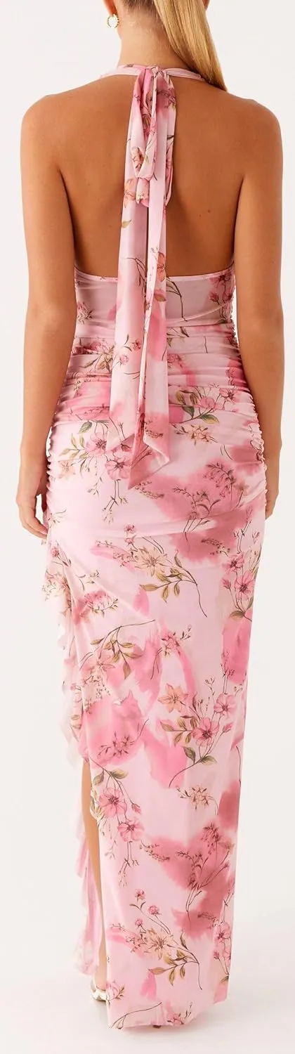 Women Floral Halter Maxi Dress Lace Patchwork Side Slit Bodycon Long Dress Backless Cocktail Beach Vacation Dresses