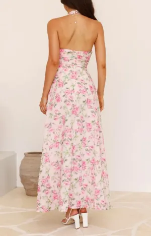 Women Floral Halter Maxi Dress Lace Patchwork Side Slit Bodycon Long Dress Backless Cocktail Beach Vacation Dresses