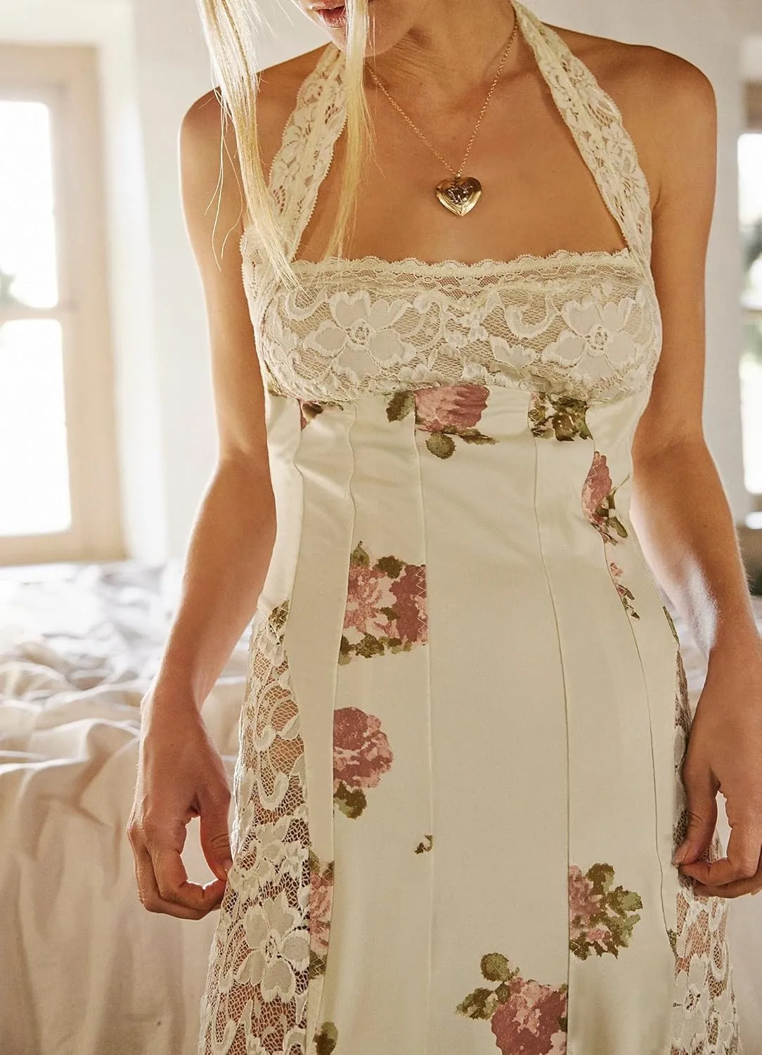 Women Floral Halter Maxi Dress Lace Patchwork Side Slit Bodycon Long Dress Backless Cocktail Beach Vacation Dresses