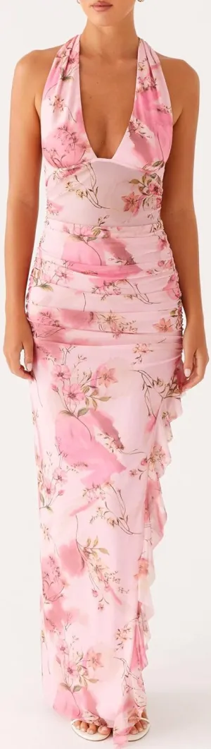 Women Floral Halter Maxi Dress Lace Patchwork Side Slit Bodycon Long Dress Backless Cocktail Beach Vacation Dresses