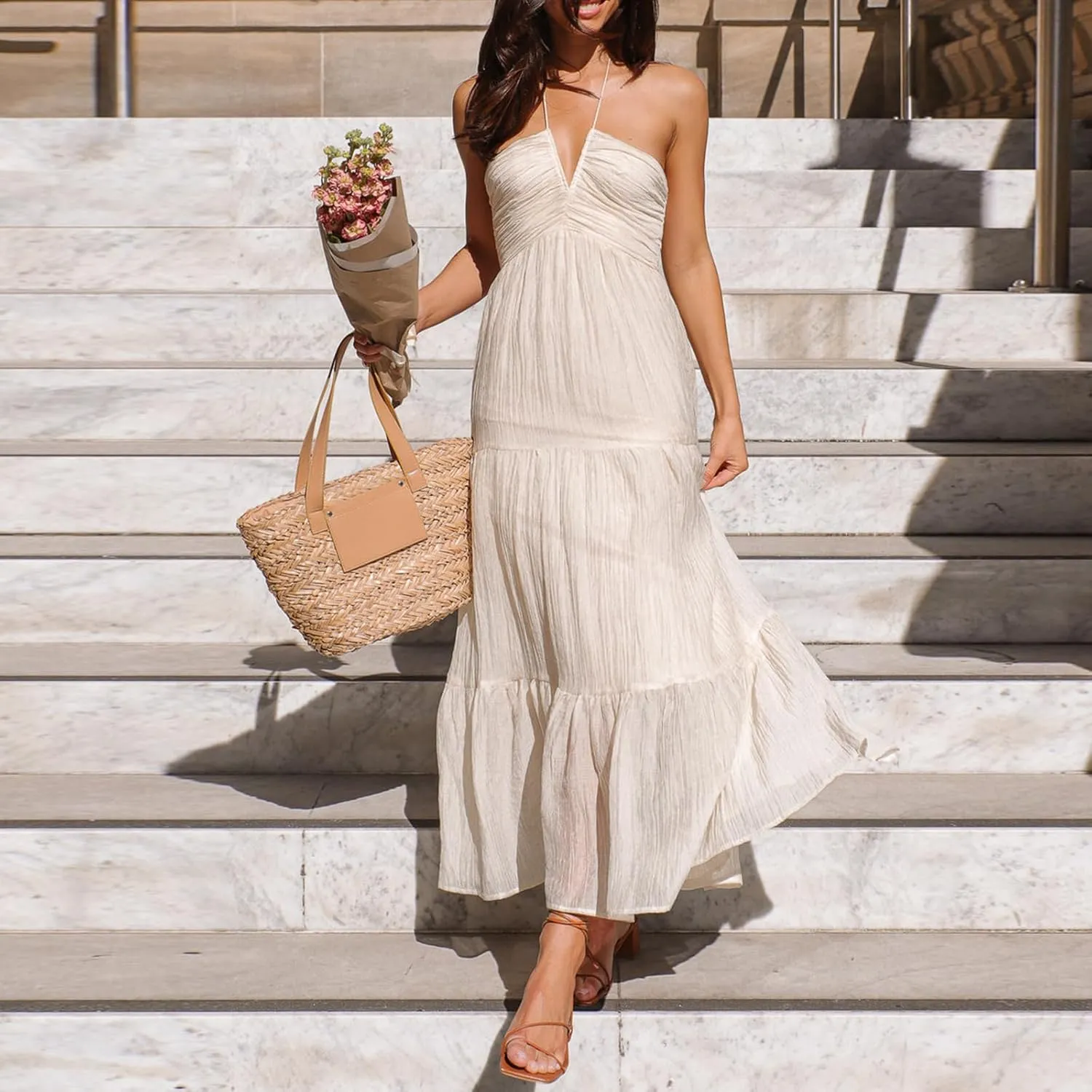 Women Floral Halter Neck Maxi Dress Summer Tie-Up Sleeveless Backless Long Dress Flowy Ruffle Sundress