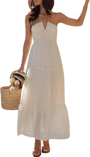 Women Floral Halter Neck Maxi Dress Summer Tie-Up Sleeveless Backless Long Dress Flowy Ruffle Sundress