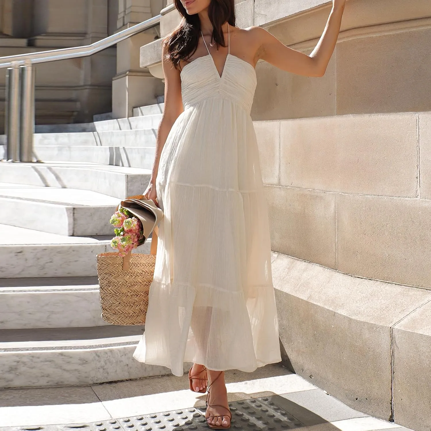 Women Floral Halter Neck Maxi Dress Summer Tie-Up Sleeveless Backless Long Dress Flowy Ruffle Sundress