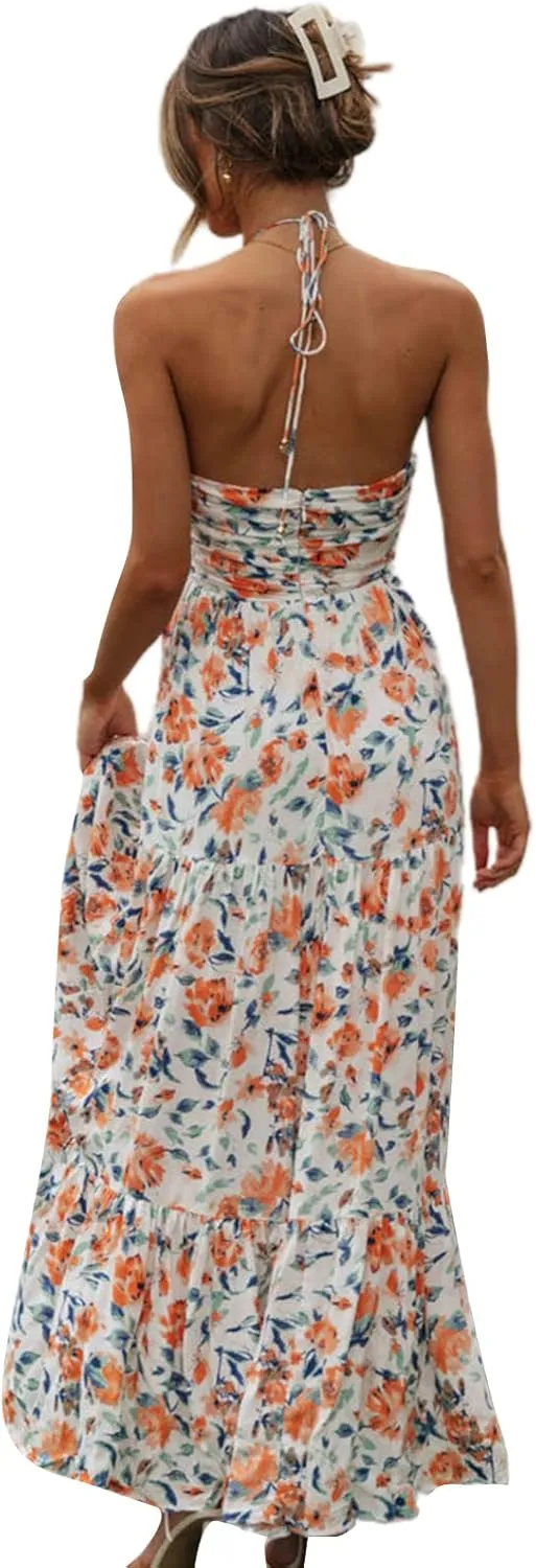 Women Floral Halter Neck Maxi Dress Summer Tie-Up Sleeveless Backless Long Dress Flowy Ruffle Sundress