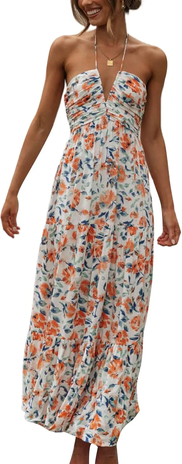 Women Floral Halter Neck Maxi Dress Summer Tie-Up Sleeveless Backless Long Dress Flowy Ruffle Sundress