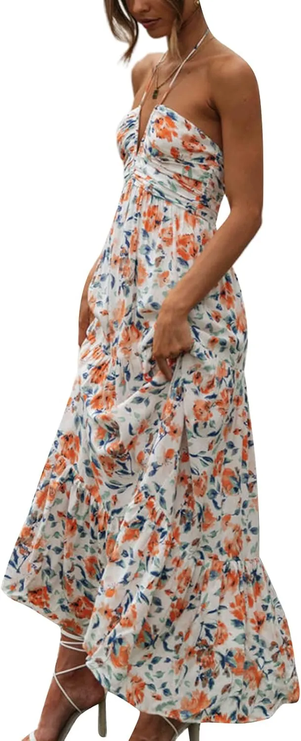 Women Floral Halter Neck Maxi Dress Summer Tie-Up Sleeveless Backless Long Dress Flowy Ruffle Sundress