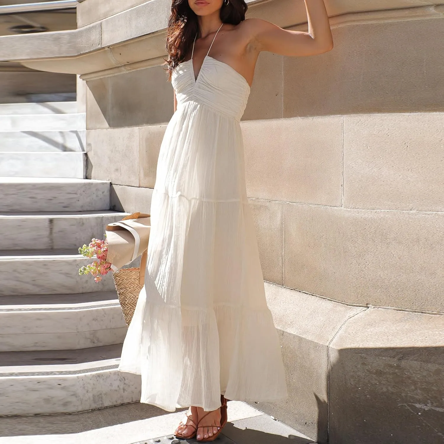 Women Floral Halter Neck Maxi Dress Summer Tie-Up Sleeveless Backless Long Dress Flowy Ruffle Sundress