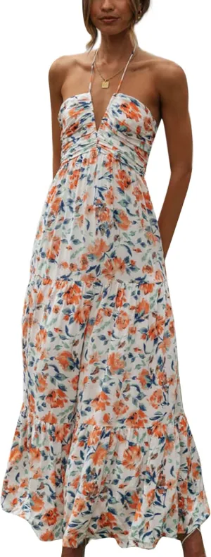 Women Floral Halter Neck Maxi Dress Summer Tie-Up Sleeveless Backless Long Dress Flowy Ruffle Sundress
