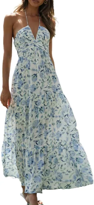 Women Floral Halter Neck Maxi Dress Summer Tie-Up Sleeveless Backless Long Dress Flowy Ruffle Sundress