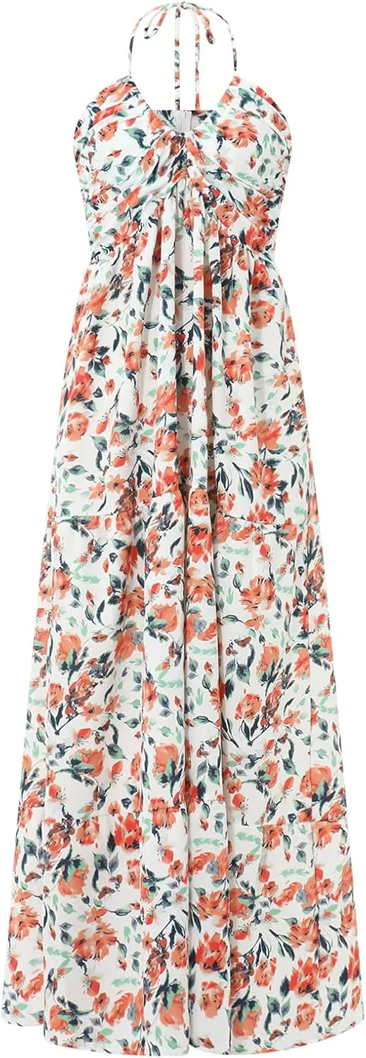 Women Floral Halter Neck Maxi Dress Summer Tie-Up Sleeveless Backless Long Dress Flowy Ruffle Sundress