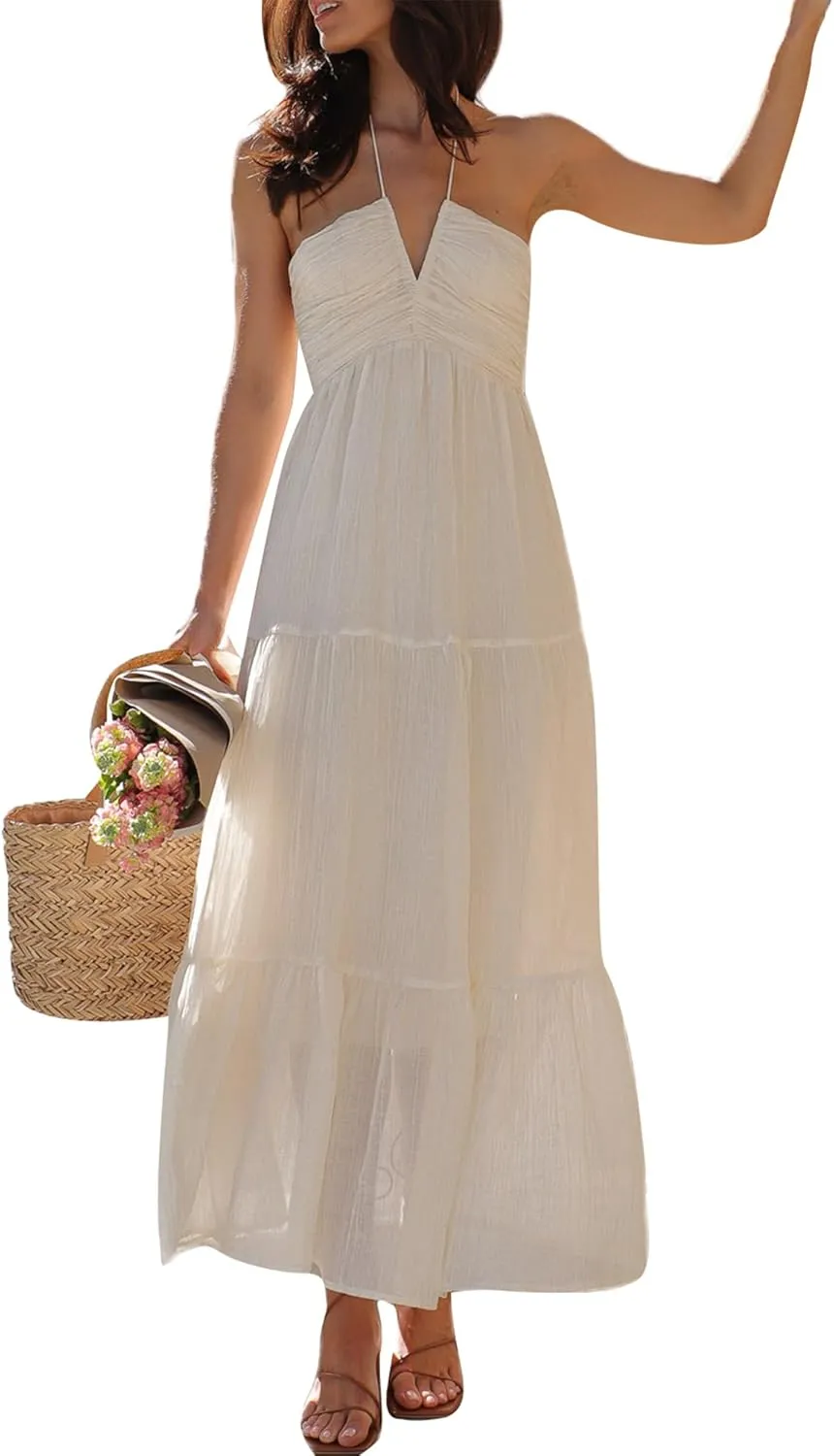 Women Floral Halter Neck Maxi Dress Summer Tie-Up Sleeveless Backless Long Dress Flowy Ruffle Sundress