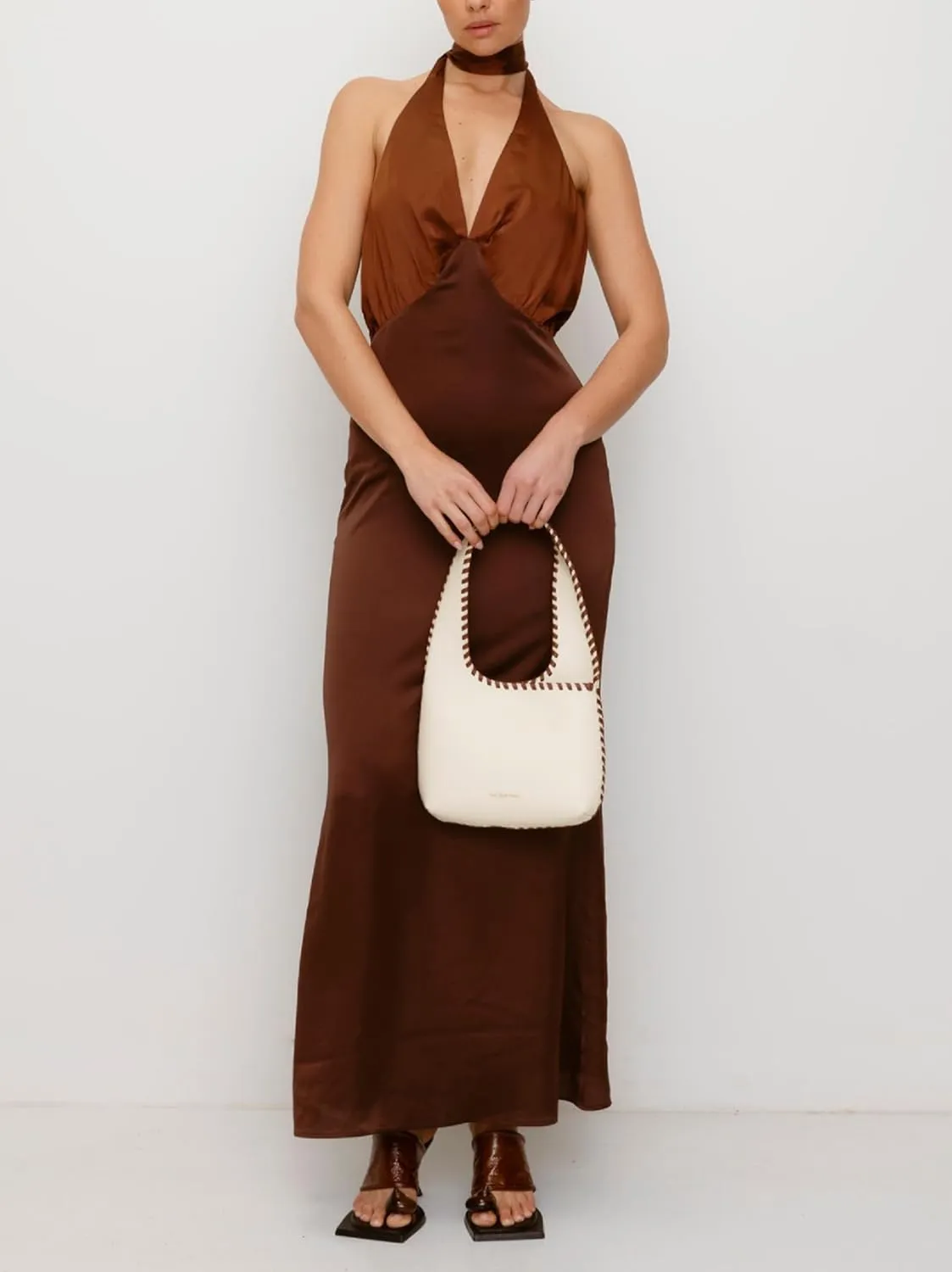 Women Halter Satin Maxi Dress Backless Sleeveless V Neck Tie Cocktail Dress Elegant Silk Wedding Guest Dresses