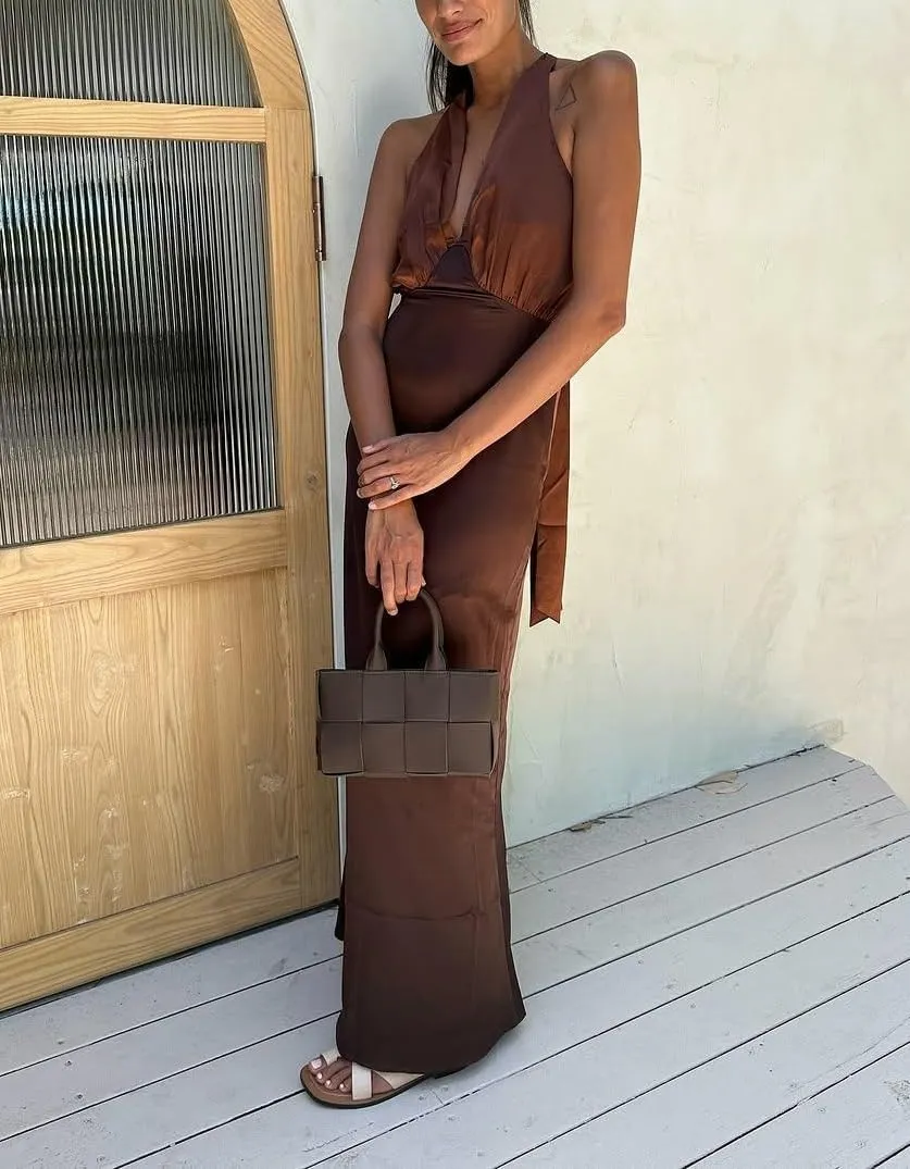 Women Halter Satin Maxi Dress Backless Sleeveless V Neck Tie Cocktail Dress Elegant Silk Wedding Guest Dresses