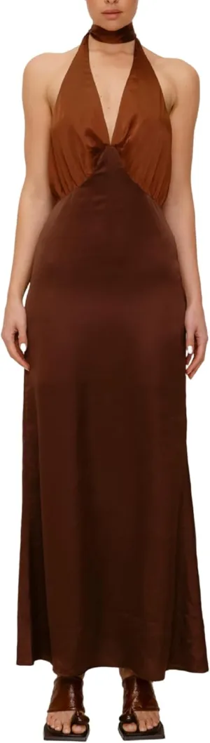Women Halter Satin Maxi Dress Backless Sleeveless V Neck Tie Cocktail Dress Elegant Silk Wedding Guest Dresses