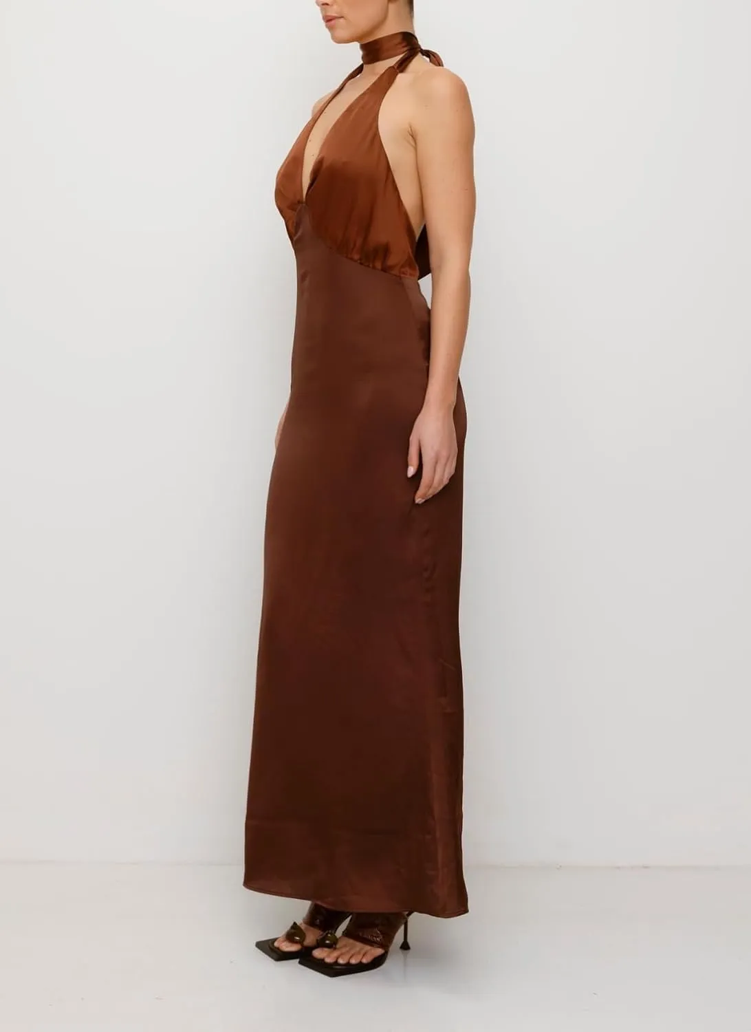 Women Halter Satin Maxi Dress Backless Sleeveless V Neck Tie Cocktail Dress Elegant Silk Wedding Guest Dresses