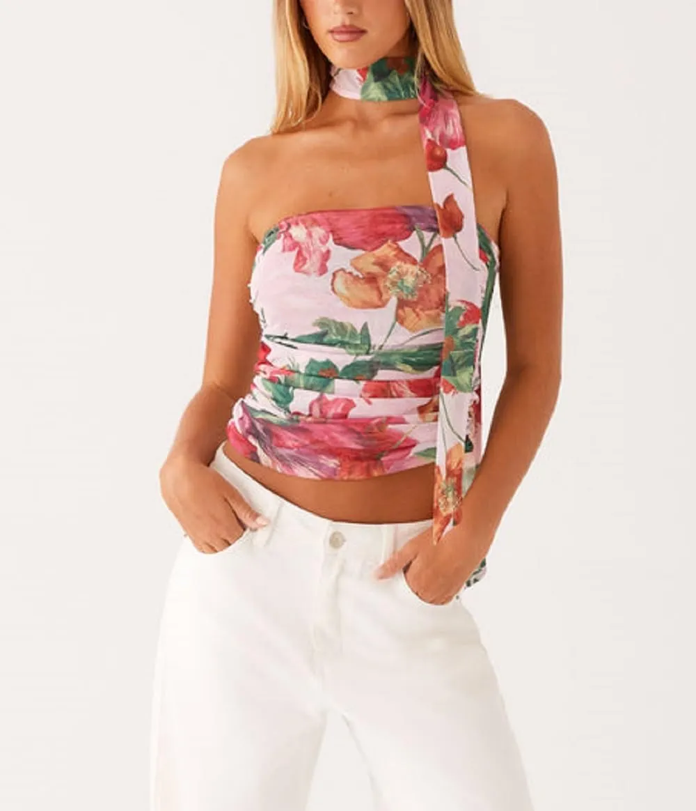 Women Leopard Tube Top Mesh Ruched Strapless Crop Top Sexy Cheetah Print Backless Bandeau Tank Top with Scarf