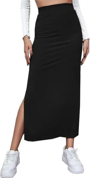 Women Ribbed Knit Bodycon Maxi Skirt Casual Elastic High Waist Slit Long Pencil Skirts Streetwear