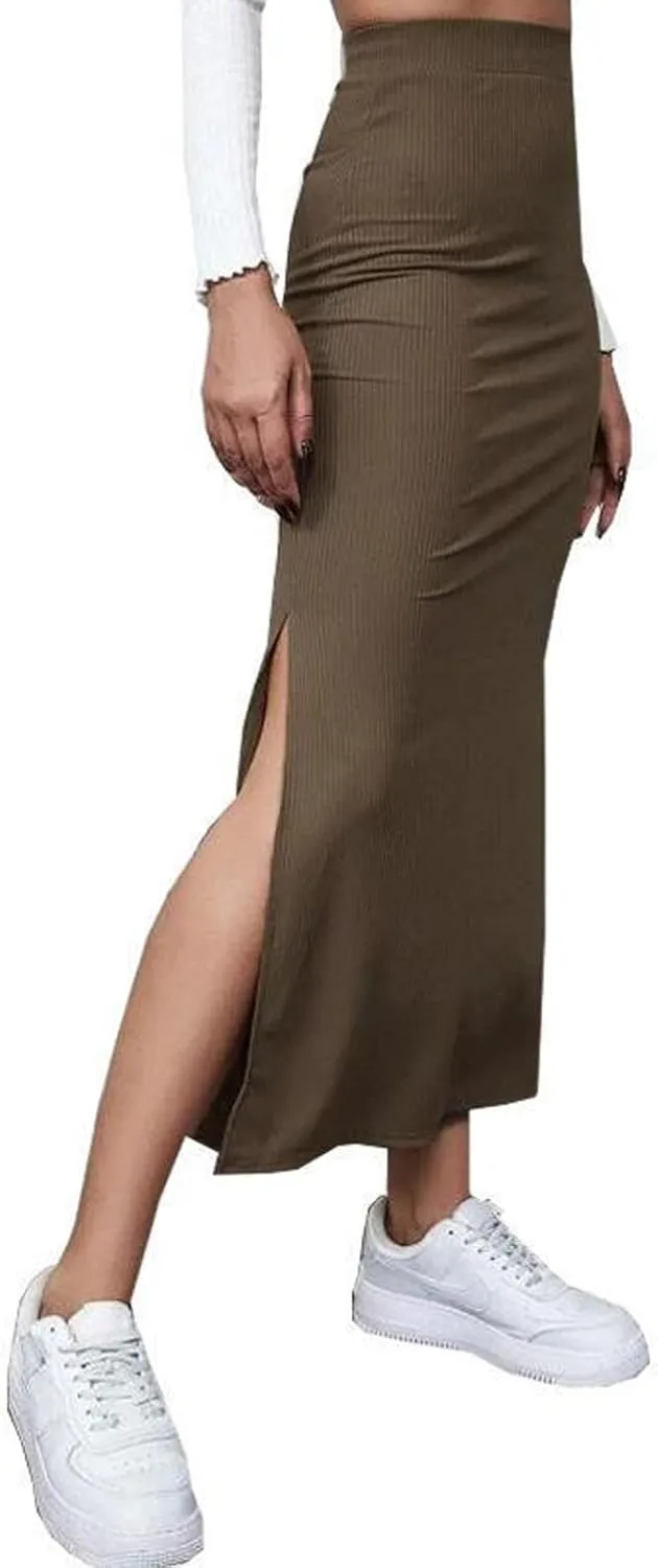 Women Ribbed Knit Bodycon Maxi Skirt Casual Elastic High Waist Slit Long Pencil Skirts Streetwear