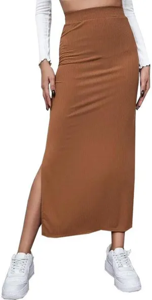 Women Ribbed Knit Bodycon Maxi Skirt Casual Elastic High Waist Slit Long Pencil Skirts Streetwear