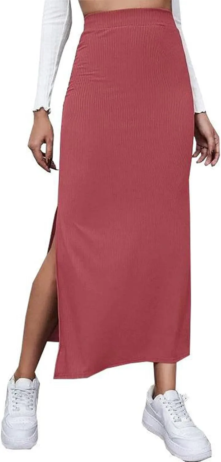Women Ribbed Knit Bodycon Maxi Skirt Casual Elastic High Waist Slit Long Pencil Skirts Streetwear