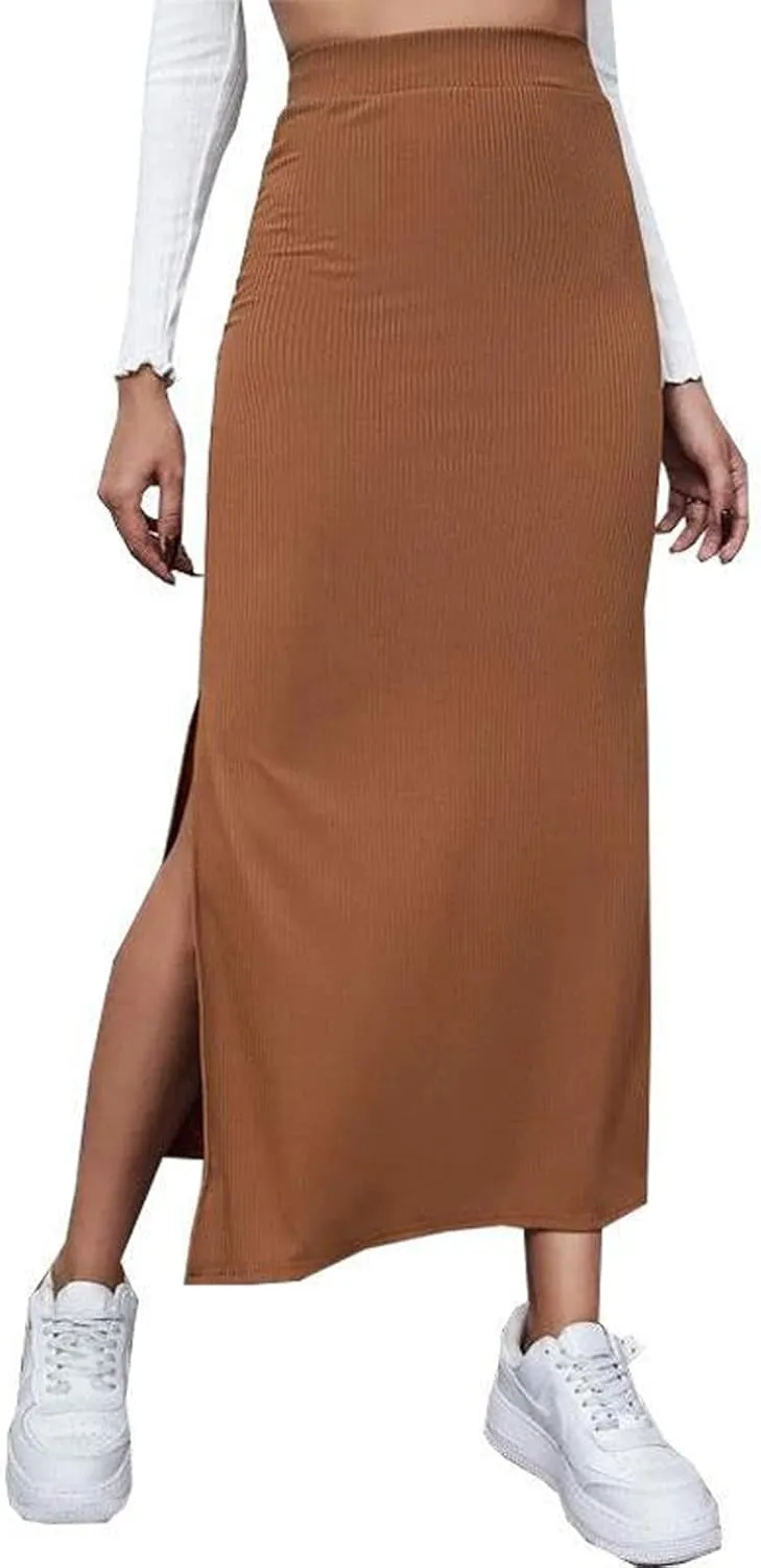 Women Ribbed Knit Bodycon Maxi Skirt Casual Elastic High Waist Slit Long Pencil Skirts Streetwear