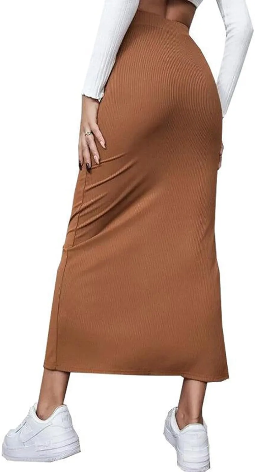 Women Ribbed Knit Bodycon Maxi Skirt Casual Elastic High Waist Slit Long Pencil Skirts Streetwear