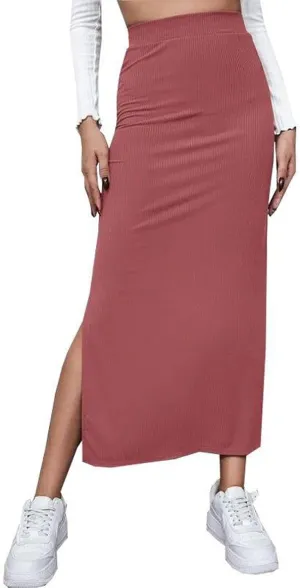 Women Ribbed Knit Bodycon Maxi Skirt Casual Elastic High Waist Slit Long Pencil Skirts Streetwear