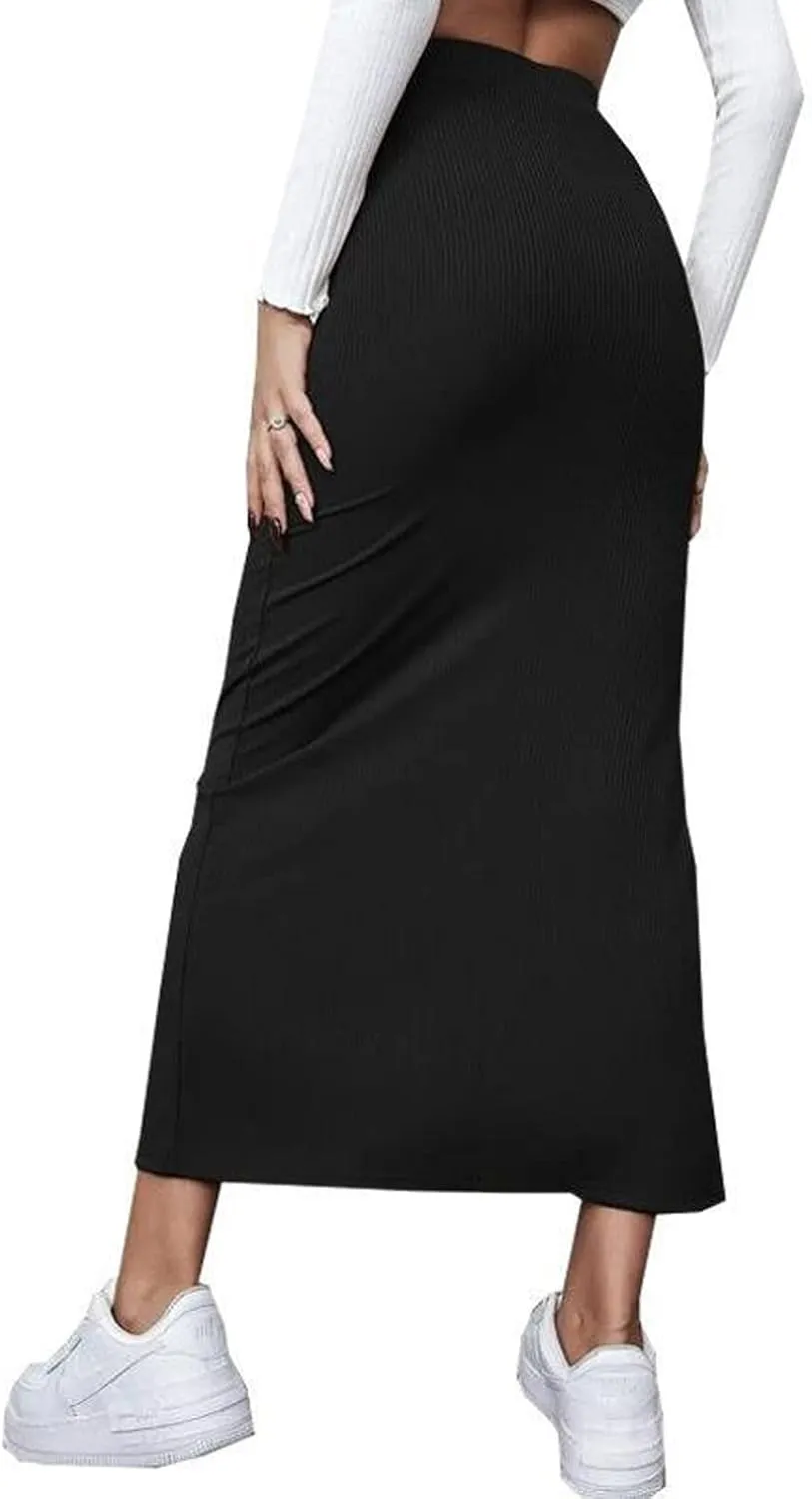 Women Ribbed Knit Bodycon Maxi Skirt Casual Elastic High Waist Slit Long Pencil Skirts Streetwear