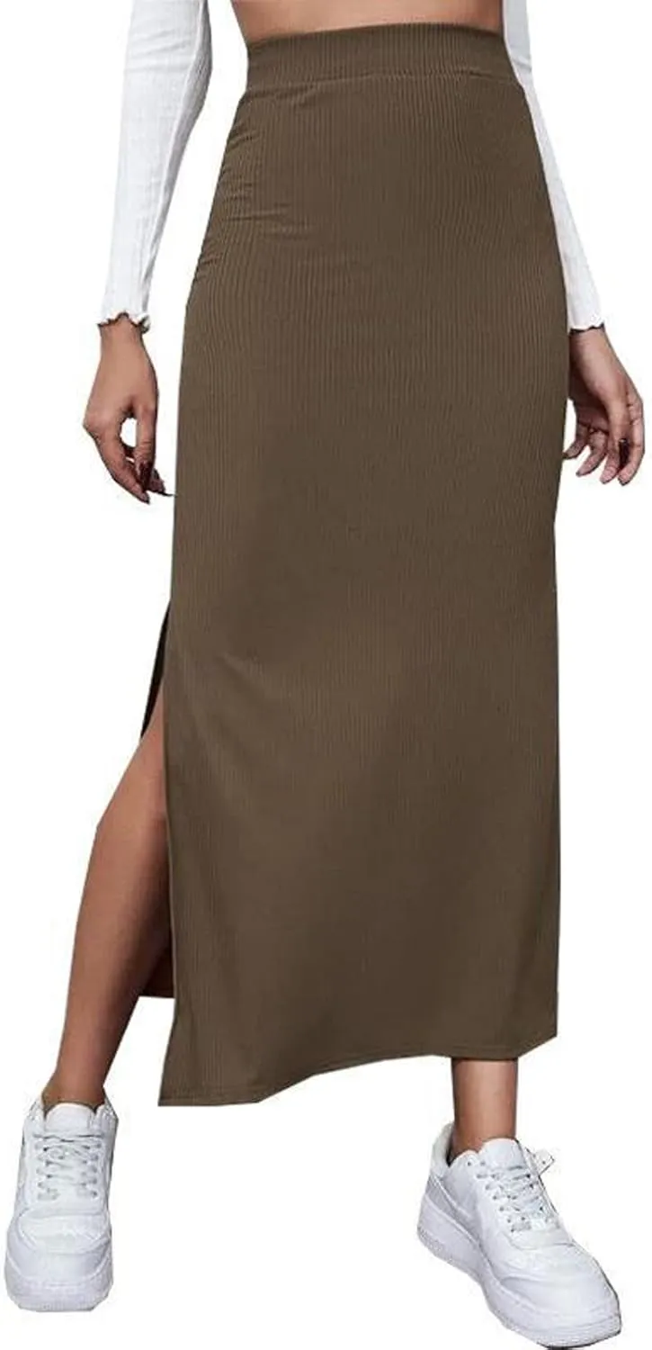 Women Ribbed Knit Bodycon Maxi Skirt Casual Elastic High Waist Slit Long Pencil Skirts Streetwear