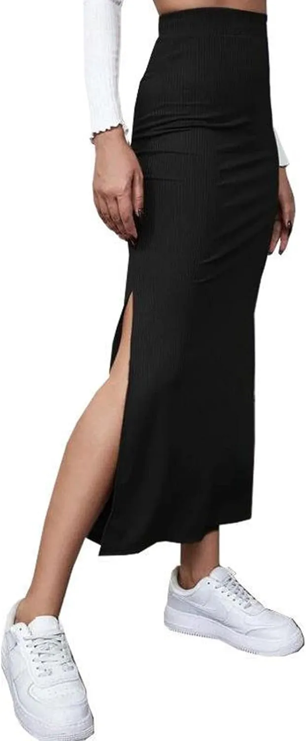 Women Ribbed Knit Bodycon Maxi Skirt Casual Elastic High Waist Slit Long Pencil Skirts Streetwear