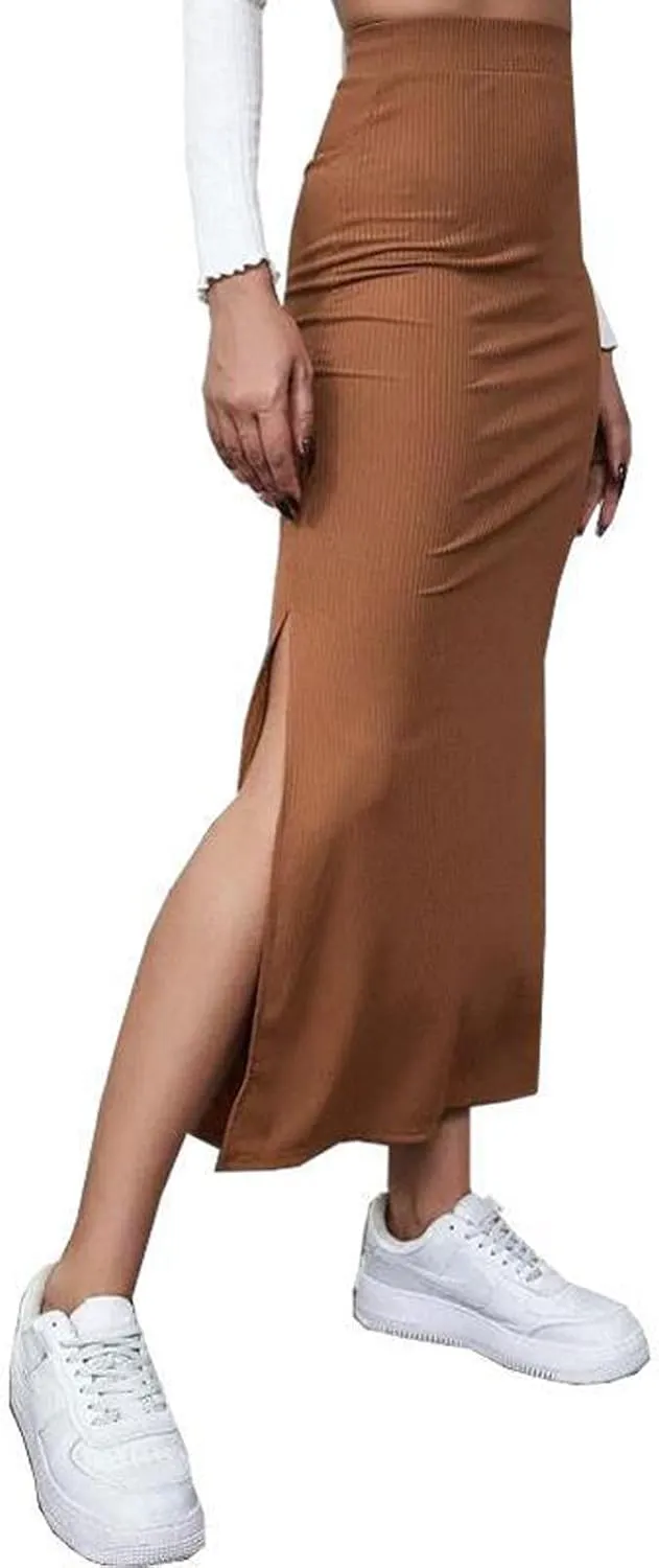 Women Ribbed Knit Bodycon Maxi Skirt Casual Elastic High Waist Slit Long Pencil Skirts Streetwear