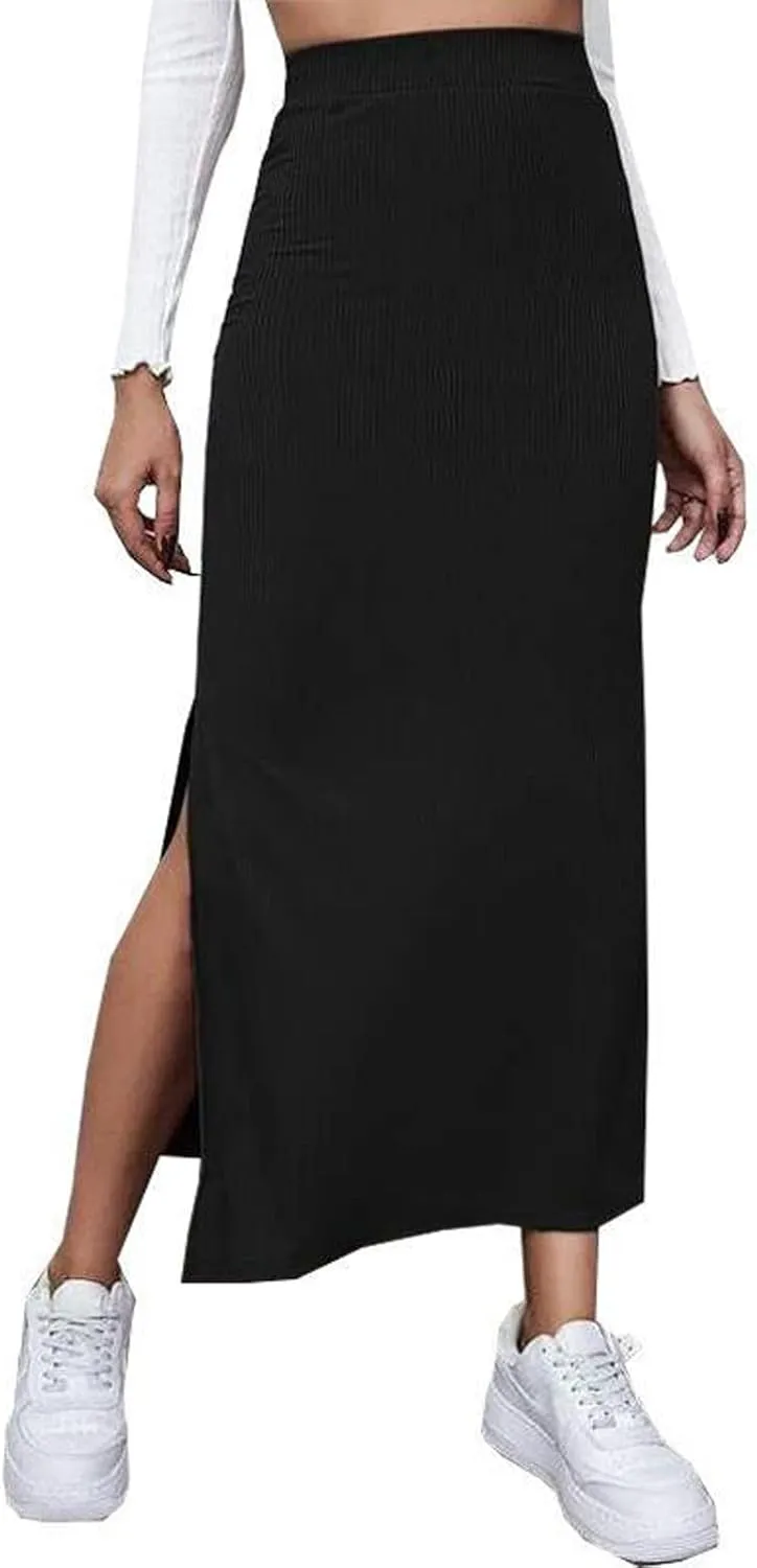 Women Ribbed Knit Bodycon Maxi Skirt Casual Elastic High Waist Slit Long Pencil Skirts Streetwear
