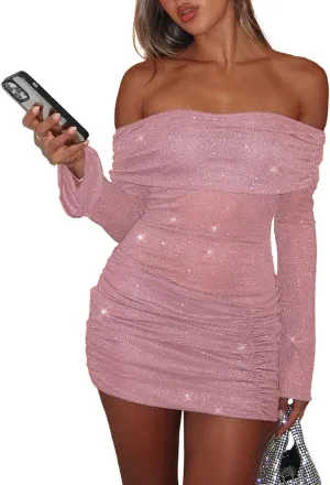 Women Sexy Off Shoulder Bodycon Mini Dress Mesh Sheer Ruched Sparkly Flared Long Sleeve Y2K Dress Club Night Out Dresses