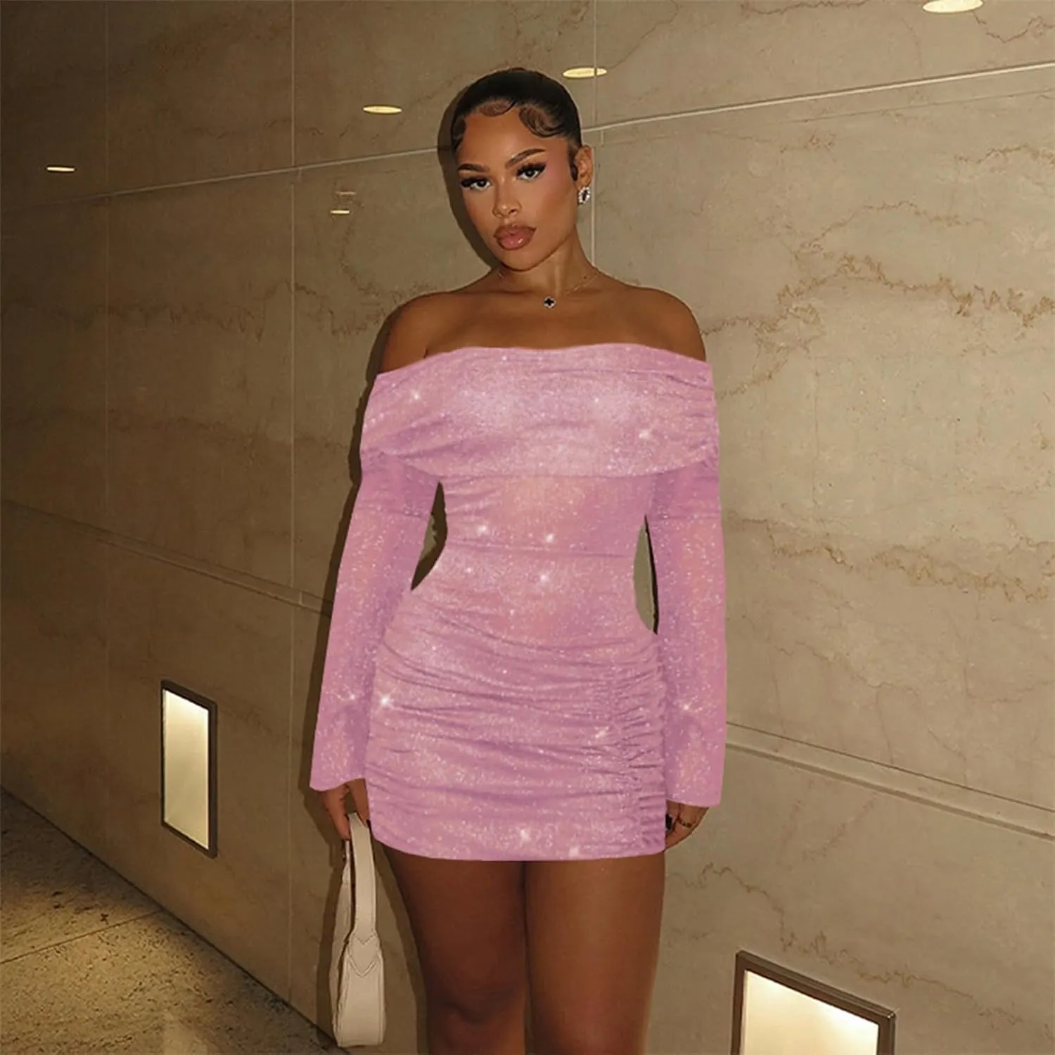 Women Sexy Off Shoulder Bodycon Mini Dress Mesh Sheer Ruched Sparkly Flared Long Sleeve Y2K Dress Club Night Out Dresses