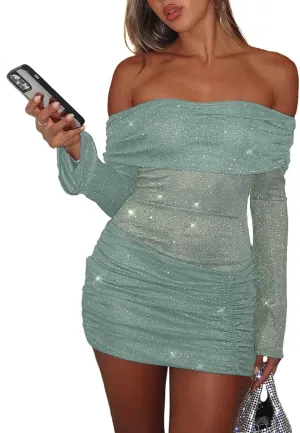 Women Sexy Off Shoulder Bodycon Mini Dress Mesh Sheer Ruched Sparkly Flared Long Sleeve Y2K Dress Club Night Out Dresses