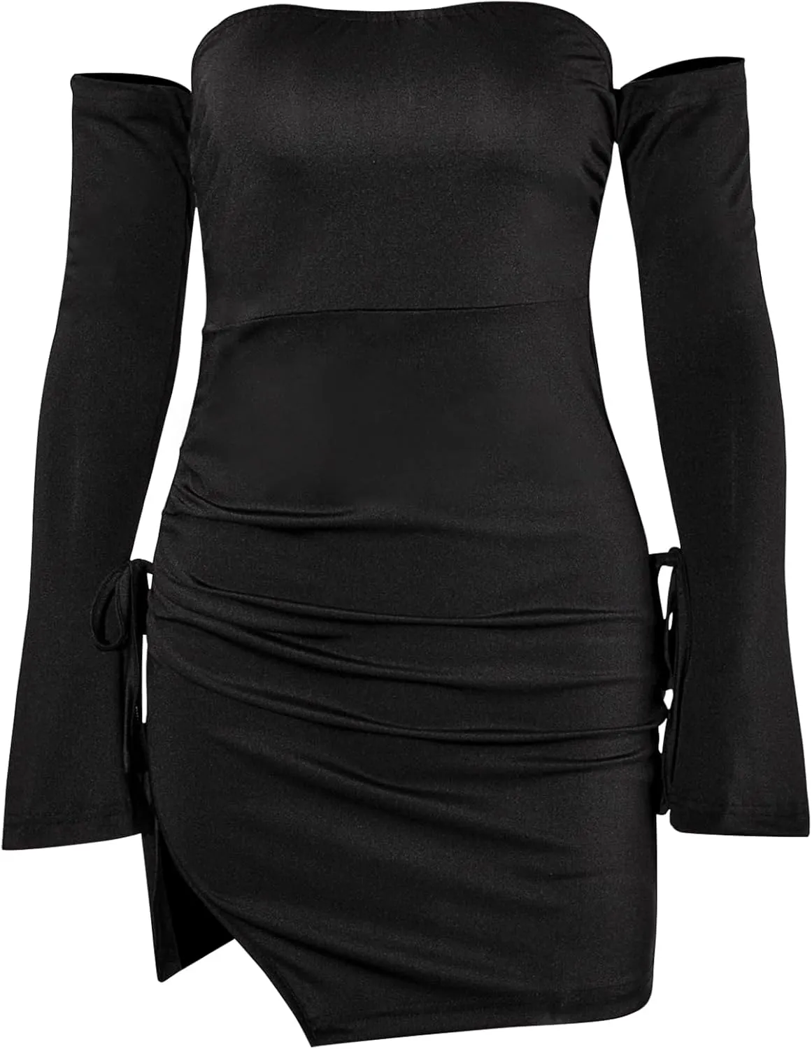 Women Sexy Off Shoulder Bodycon Mini Dress Side Slit Long Sleeve Tube Neck Night Club Party Dress