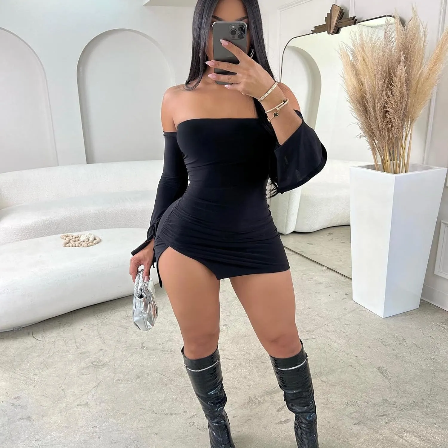 Women Sexy Off Shoulder Bodycon Mini Dress Side Slit Long Sleeve Tube Neck Night Club Party Dress